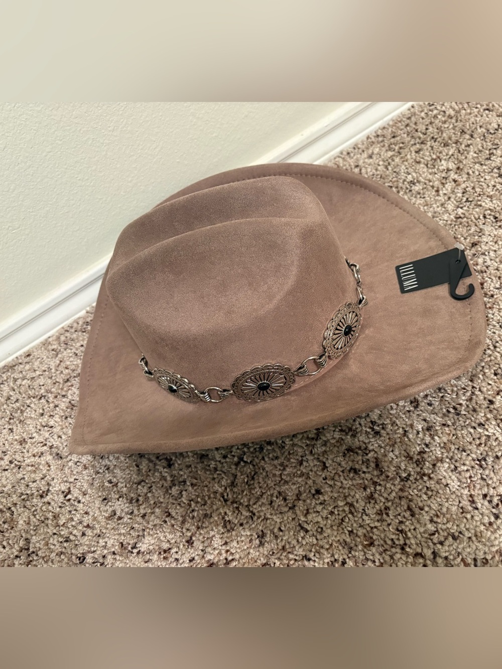 Women's Suede Wide-Brim Hat with Concho Chain - Brown